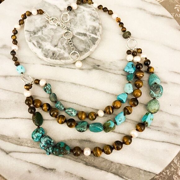 Natural Stone Beaded Necklace Turquoise Tigers Eye Freshwater Pearl Layered - Picture 1 of 5